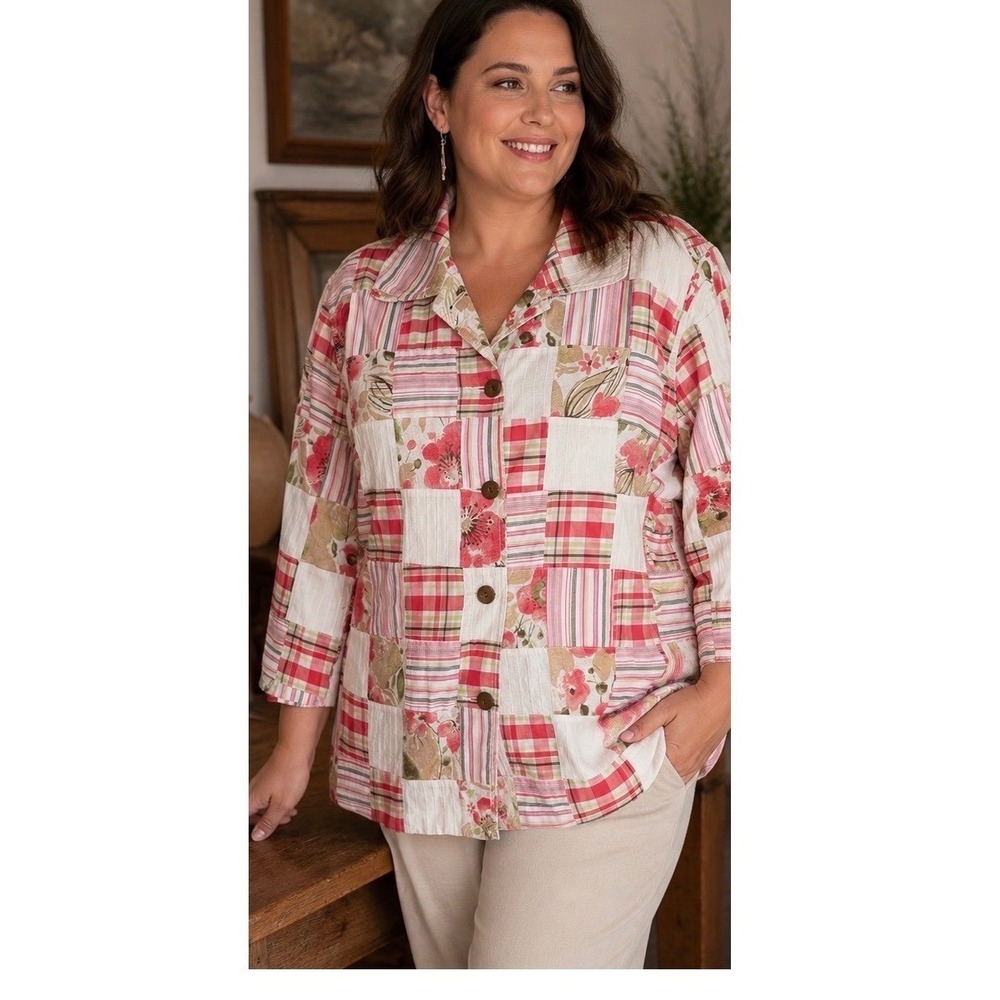 Koret Woman Patchwork Floral Plaid Full Button Shacket Top Pink 22W Cottage Boho